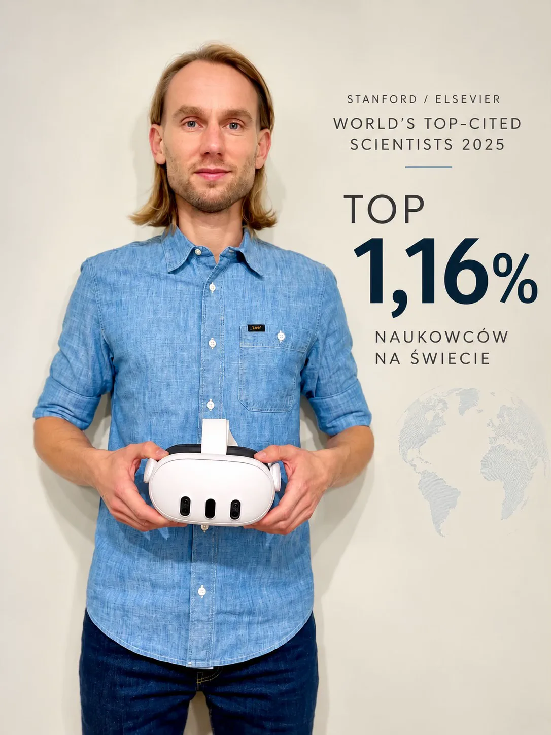 Dr hab. Sebastian Rutkowski z goglami VR — Stanford/Elsevier World’s Top-Cited Scientists 2025, Top 1,16% naukowców na świecie