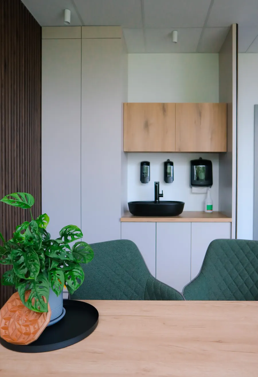 Kącik z umywalką i roślinnością w gabinecie